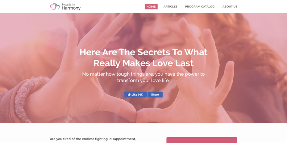 Pink landing page for Hearts in Harmony