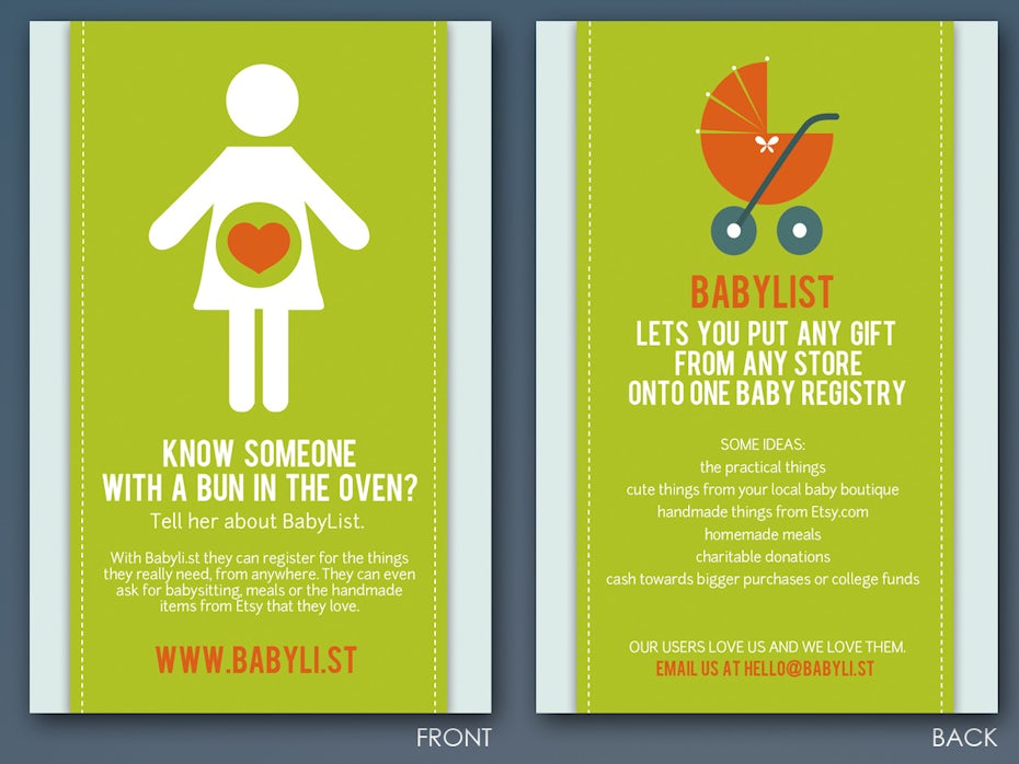 Graphic flyer for a baby gift registry company