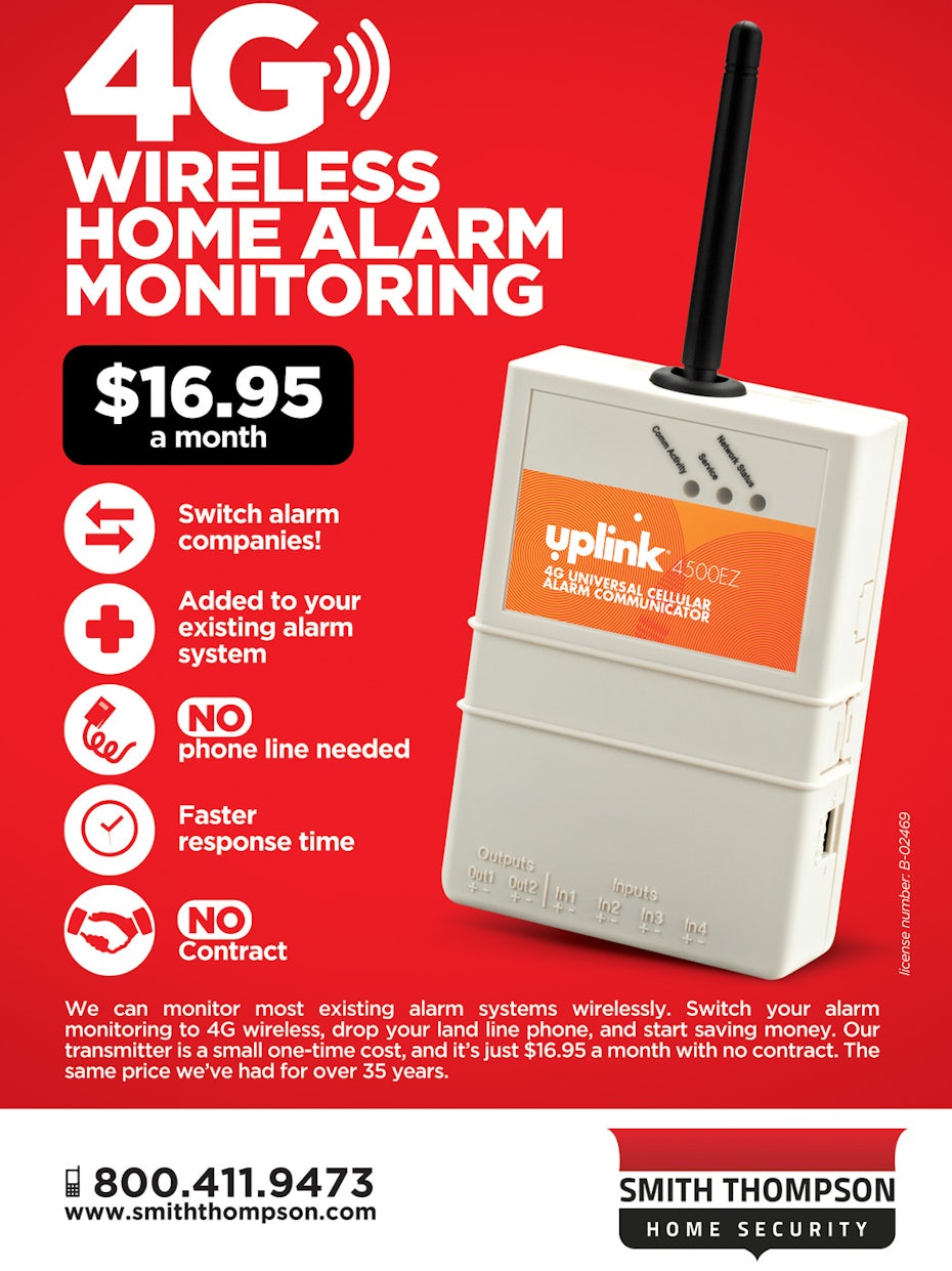 Bright red wireless home alarm flyer for home security company