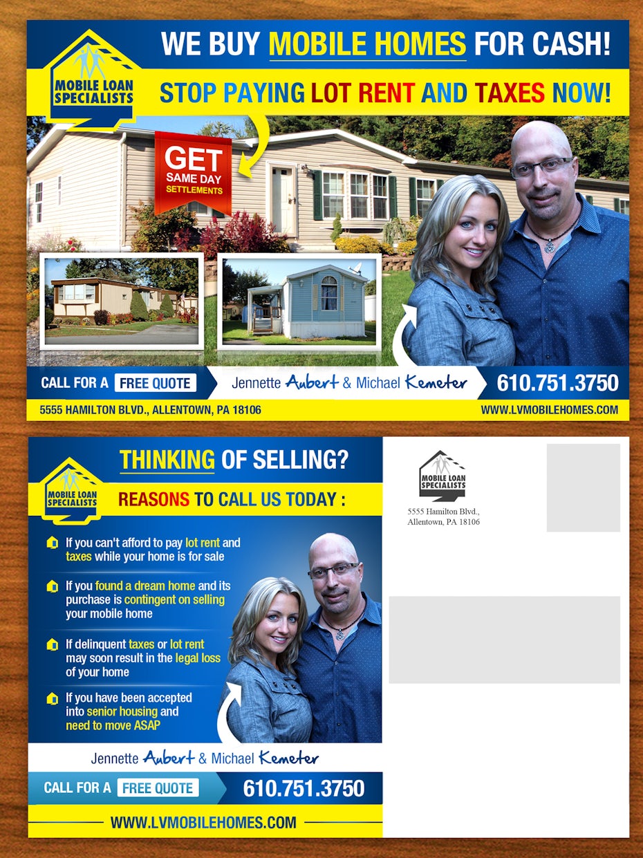Flyer for a pre-owned mobile home sales company
