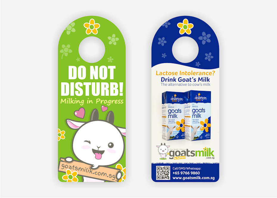 Flyer for a milk company in the shape of a door knob hanger