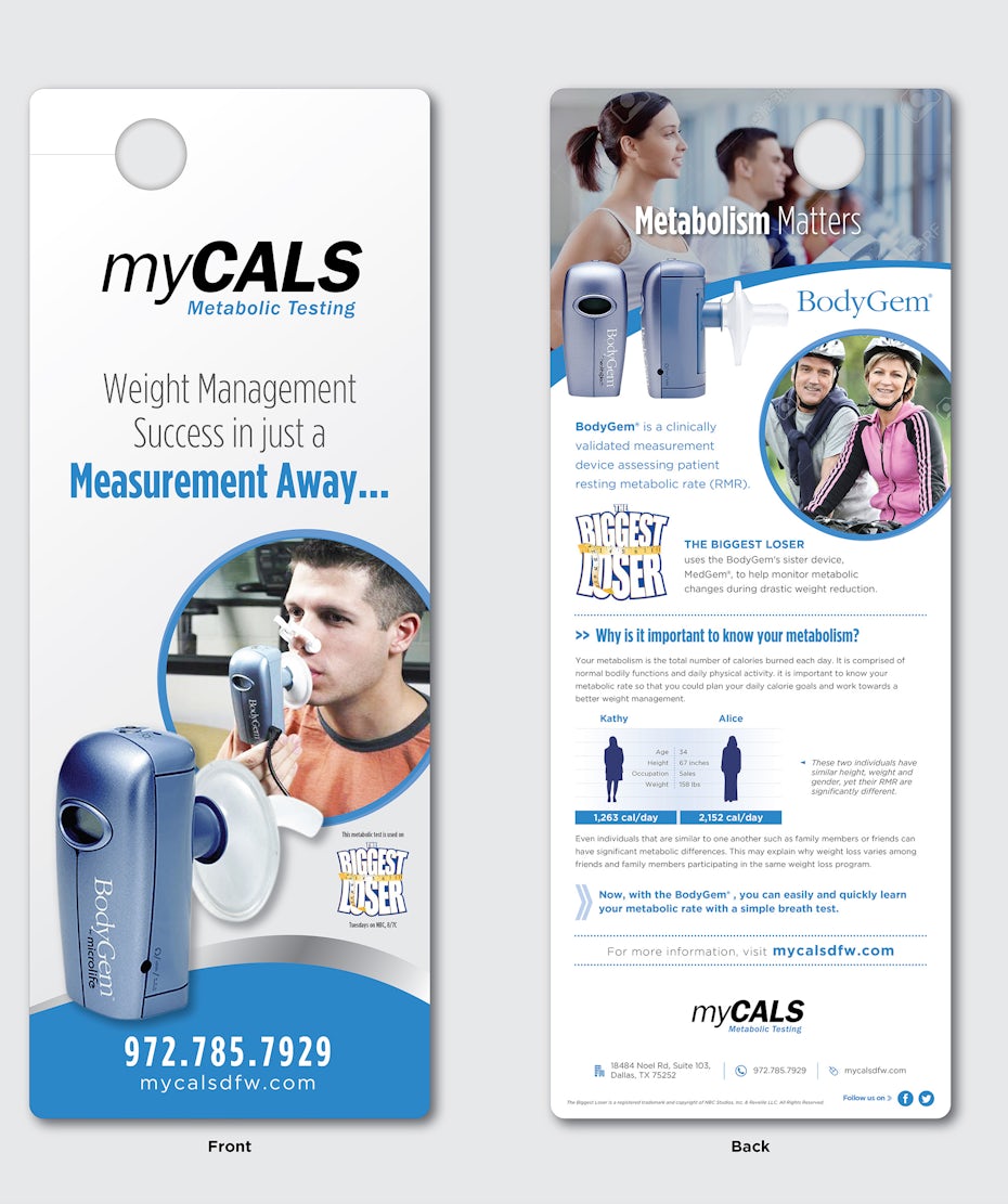 Flyer for a weight management company in the shape of a door knob hanger