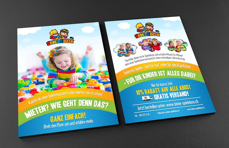 Colorful subscription flyer for toy company