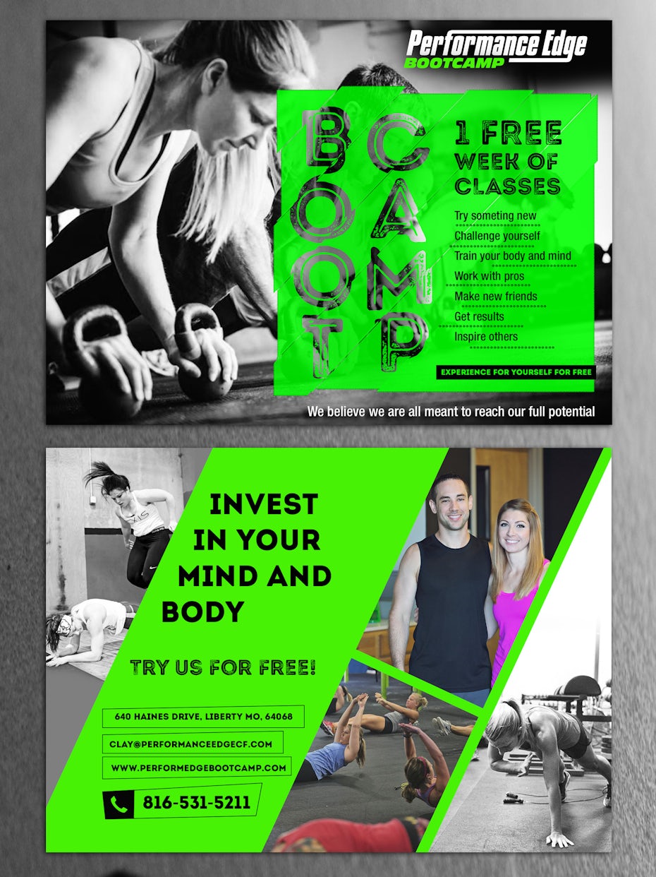 Black and bright green flyer for fitness company
