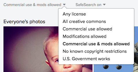Screenshot of Flickr’s licensing filters