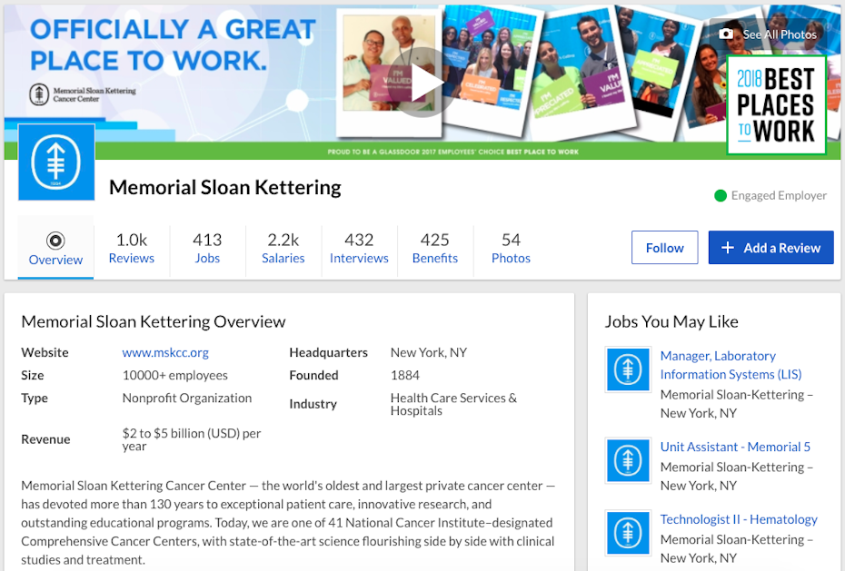 Memorial Sloan Kettering Glassdoor profile