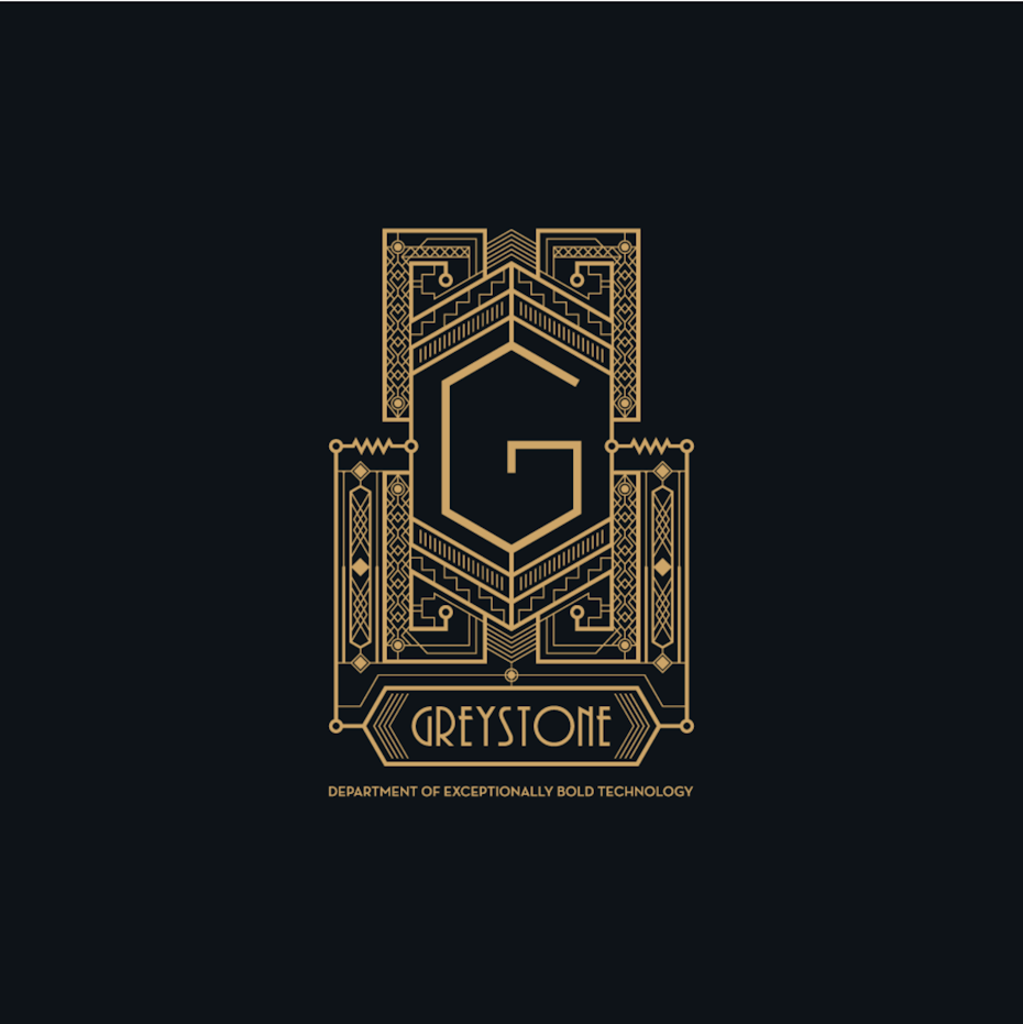complex gold and black logo comprised of geometric shapes