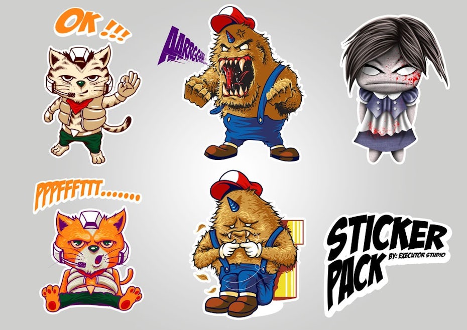 Sticker with video game-inspired cartoon characters