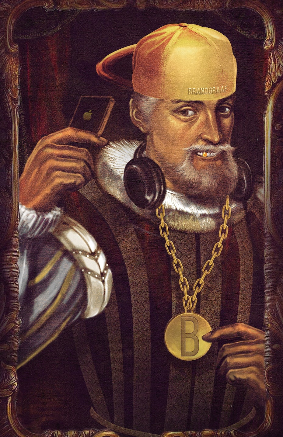 A portrait illustration of a royal character with a gold chain