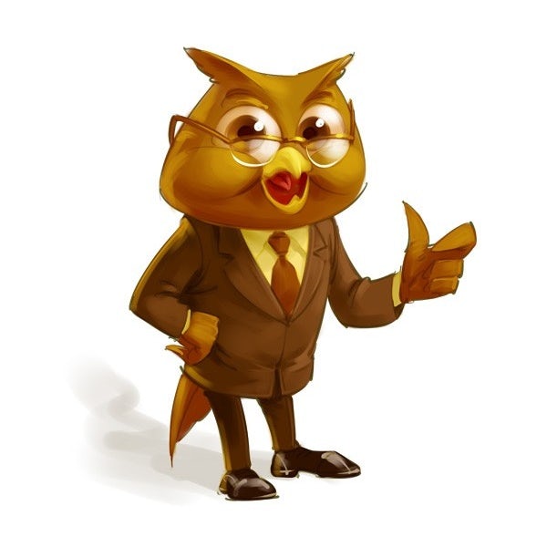 An illustrated mascot of an owl accountant character
