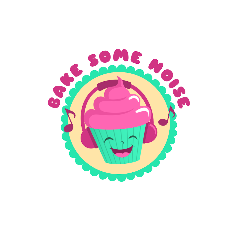 Cartoon image of a cupcake with the phrase “bake some noise”