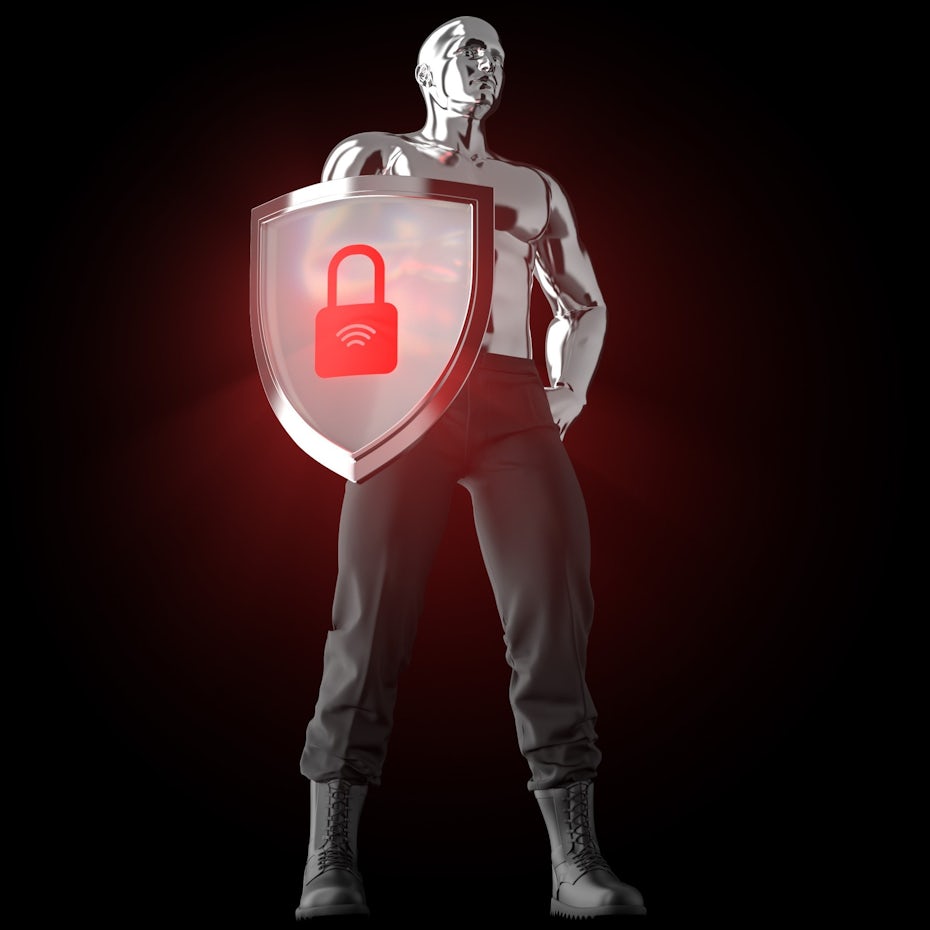 A 3D model of a steel man with a shield