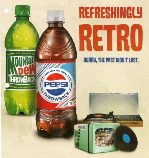 Throwback Pepsi and Mountain Dew bottles in an advertisement for the throwback packaging