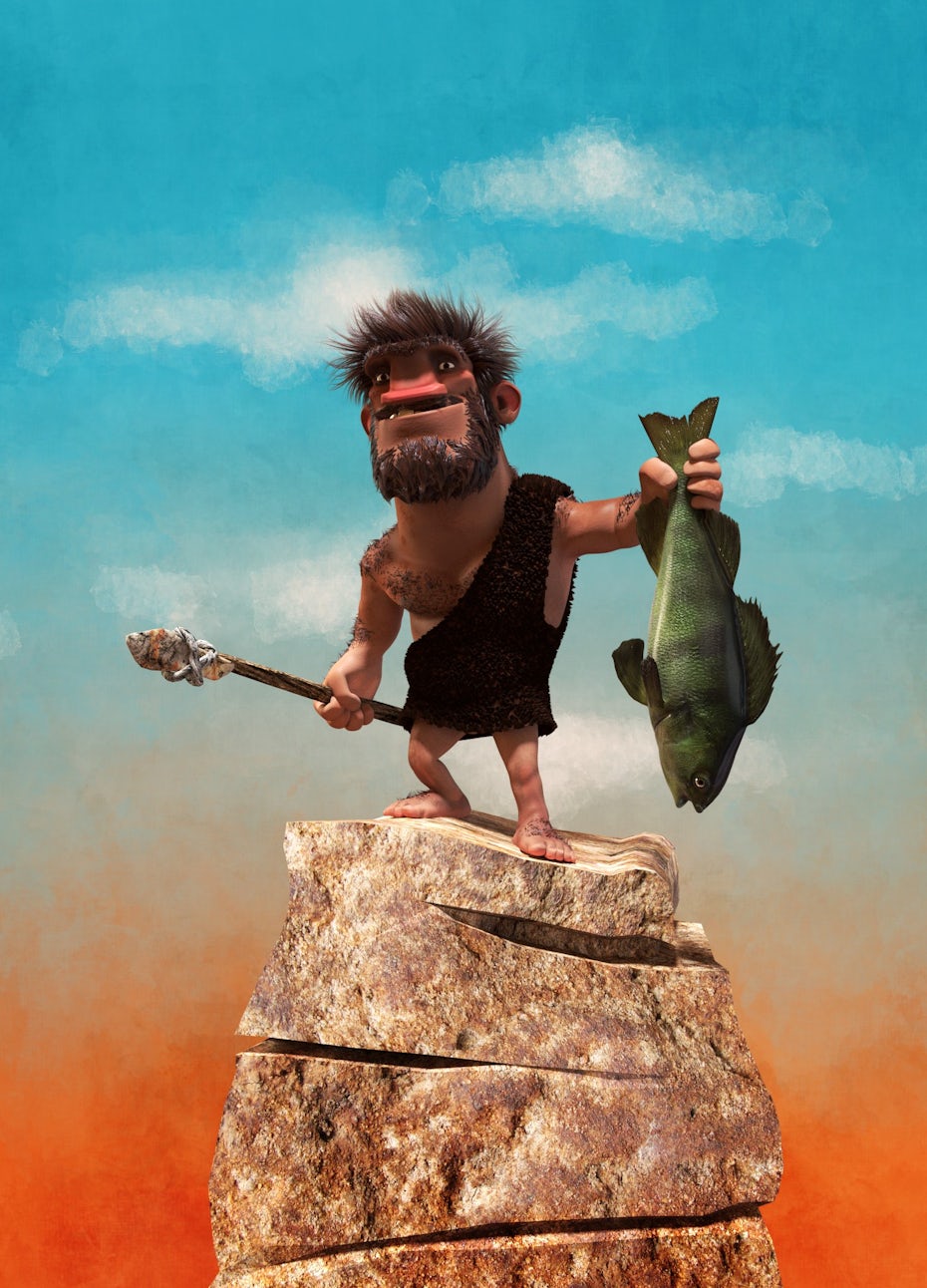 A 3D model of a caveman fishing character