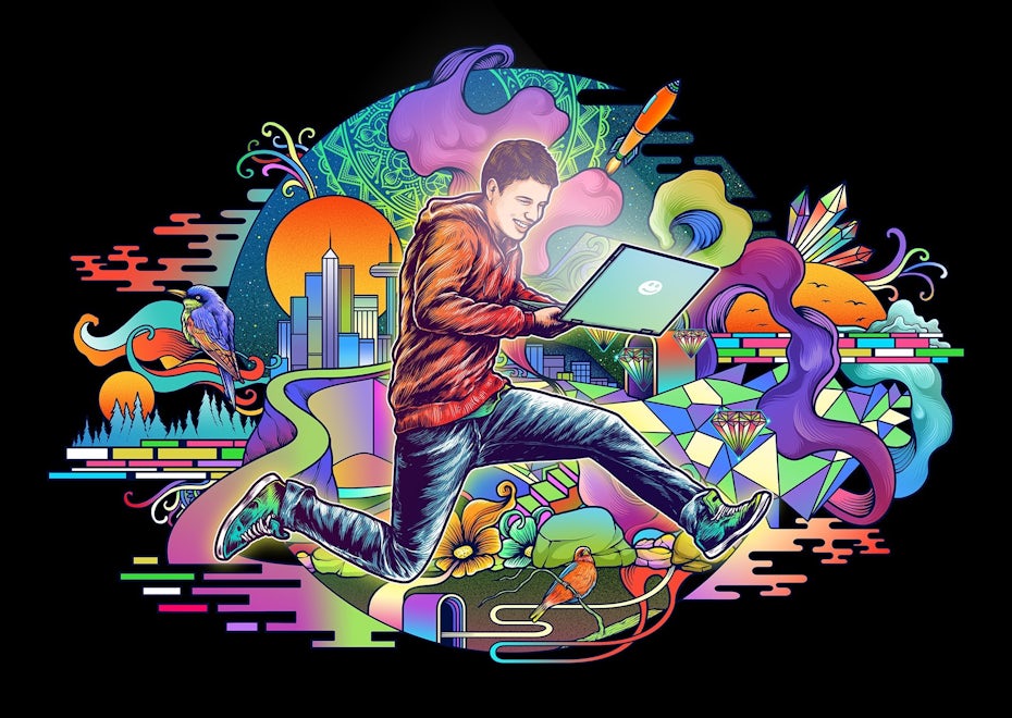 illustration of a guy with a laptop jumping