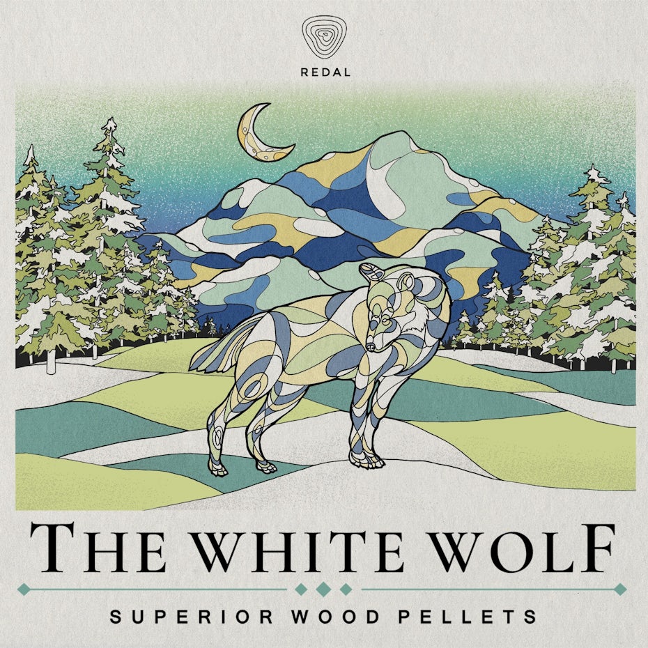 White wolf illustration for wood pellets bag
