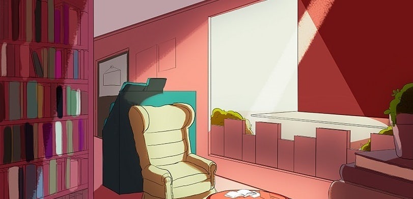 chair by window light with bookshelves