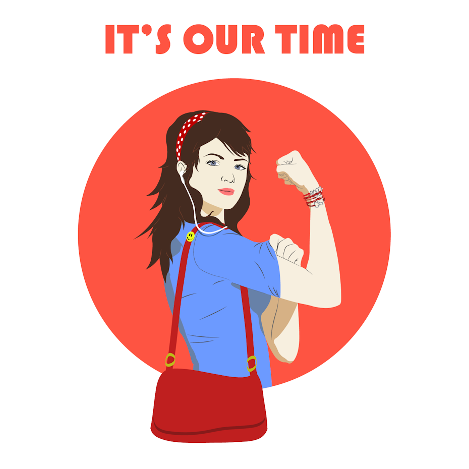 illustration of a woman clutching her arm in an empowered way, with the text “it’s our time” above her head