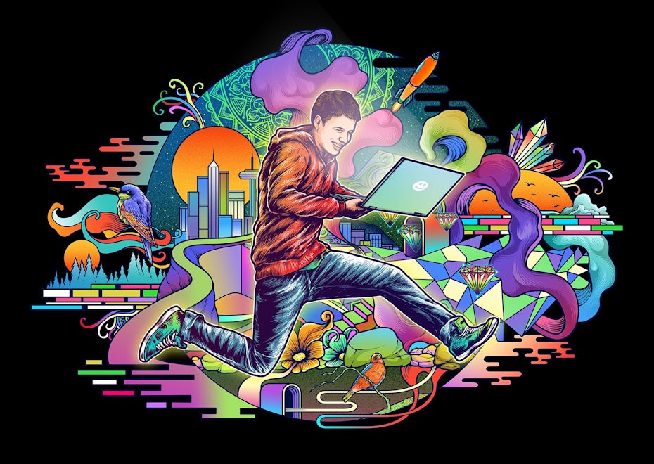 Illustration of man jumping with a laptop