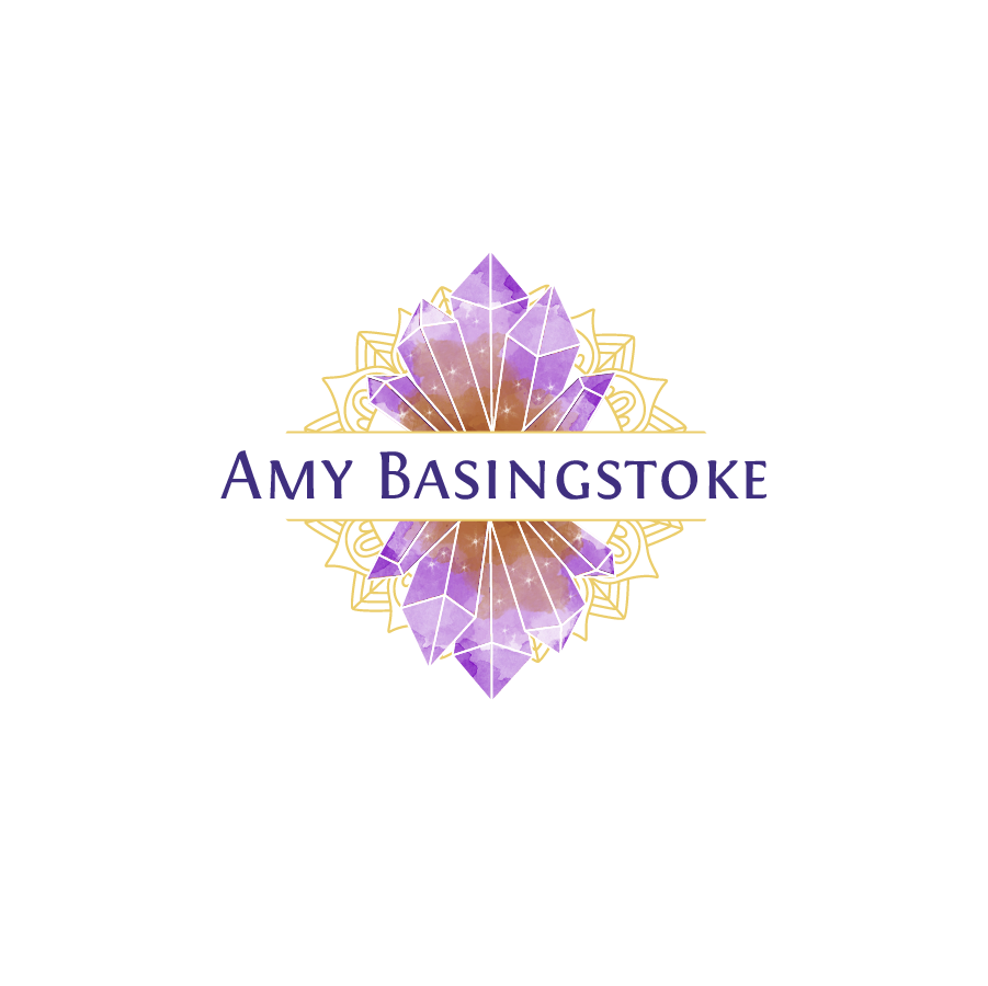 purple crystals with the text “Amy Basingstoke”