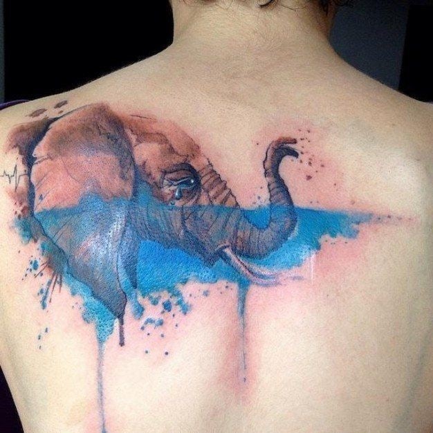 tattoo of a crying elephant partially submerged in water