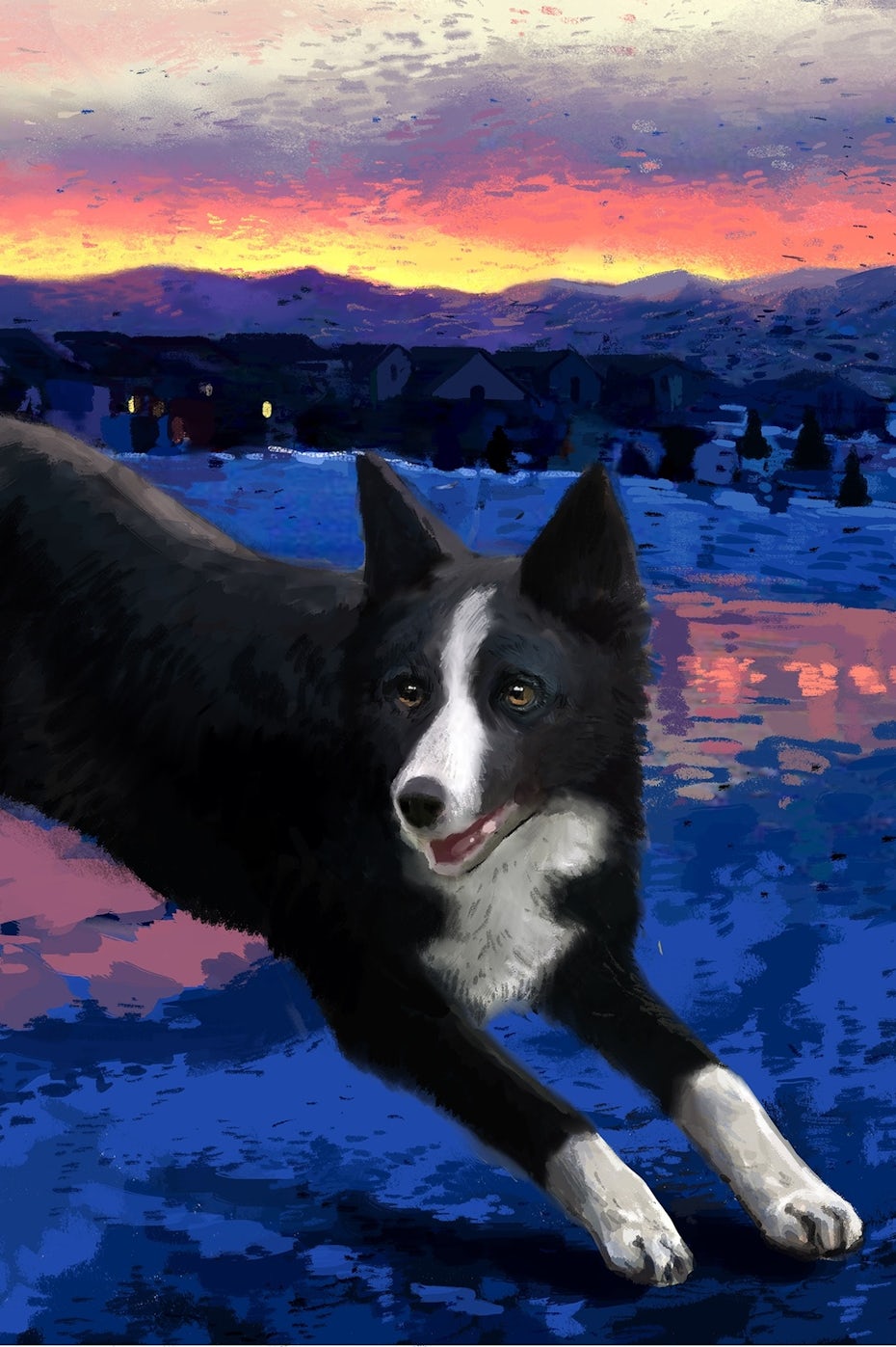 border collie with mountains illustration