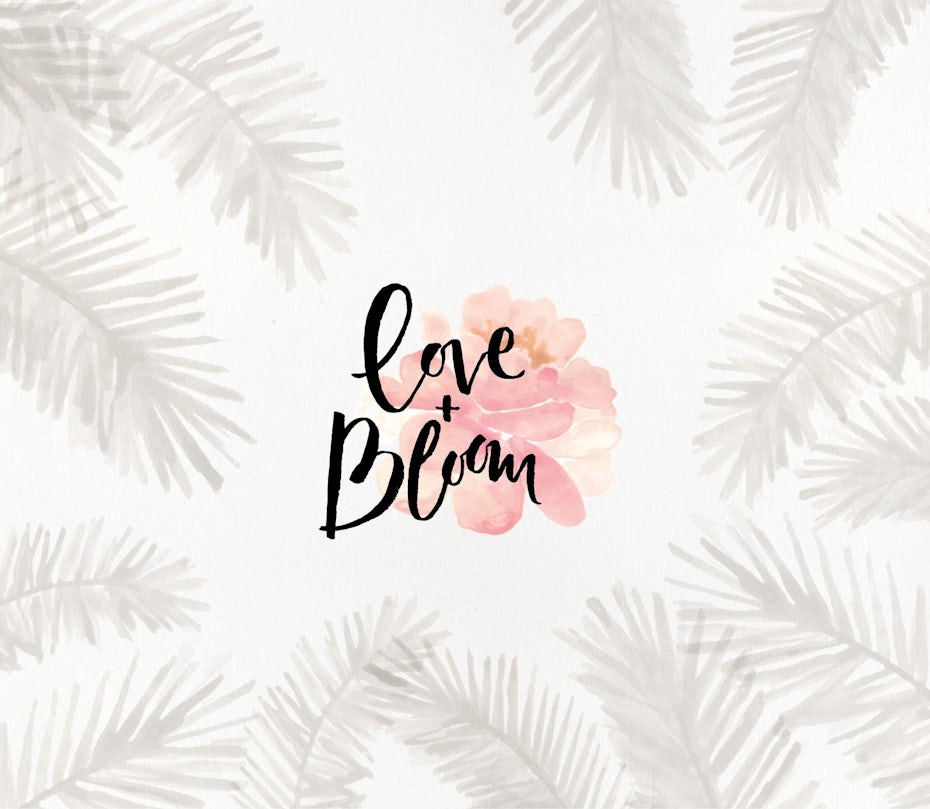 “love and bloom” words against a pink flower, surrounded by gray fan leaves on a white background