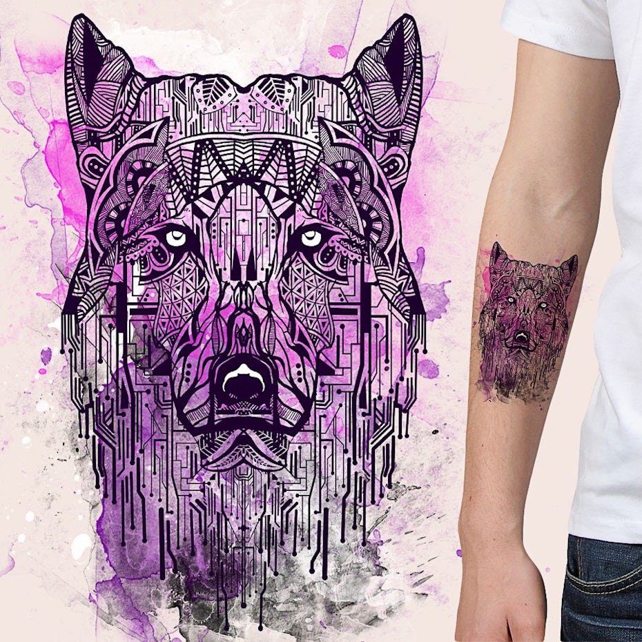 purple watercolor and geometric wolf tattoo