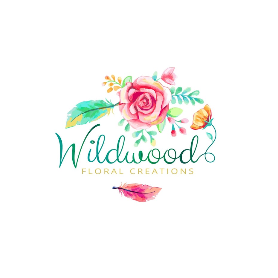 the words “Wildwood floral creations” with a colorful pink and green flower