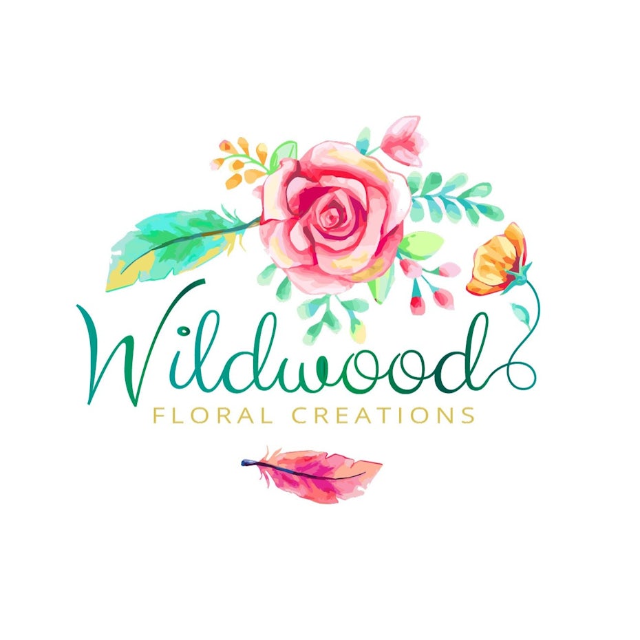 the words “Wildwood floral creations” with a colorful pink and green flower