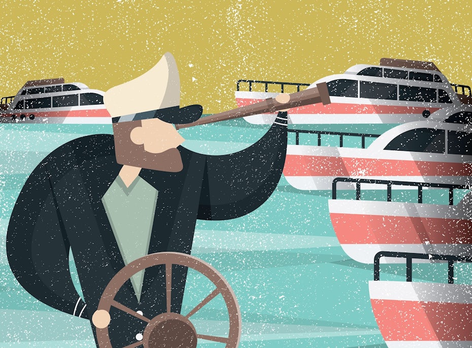 An illustration of a yachtsman using a telescope