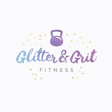 purple and blue gradient kettle bell image with the text “glitter and grit fitness: