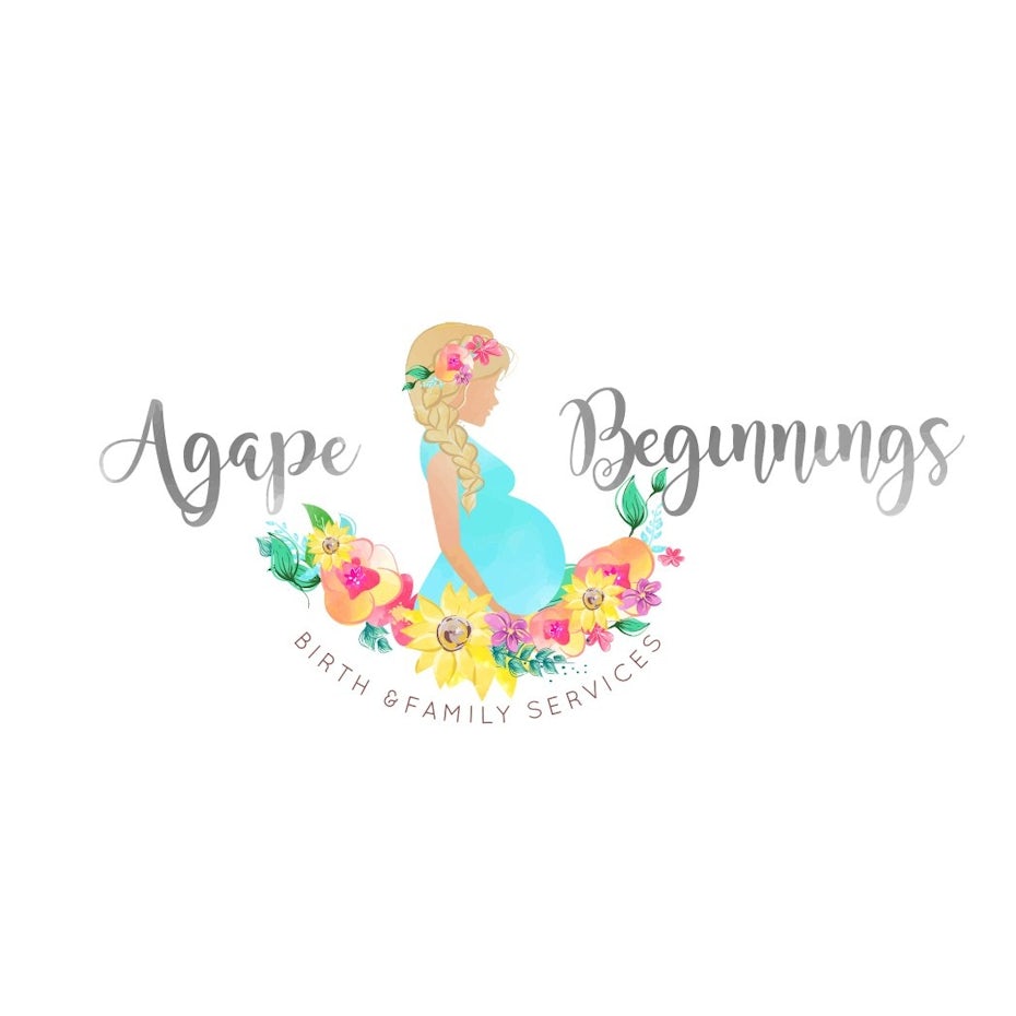 multicolored side profile of a pregnant woman with the text “Agape Beginnings”