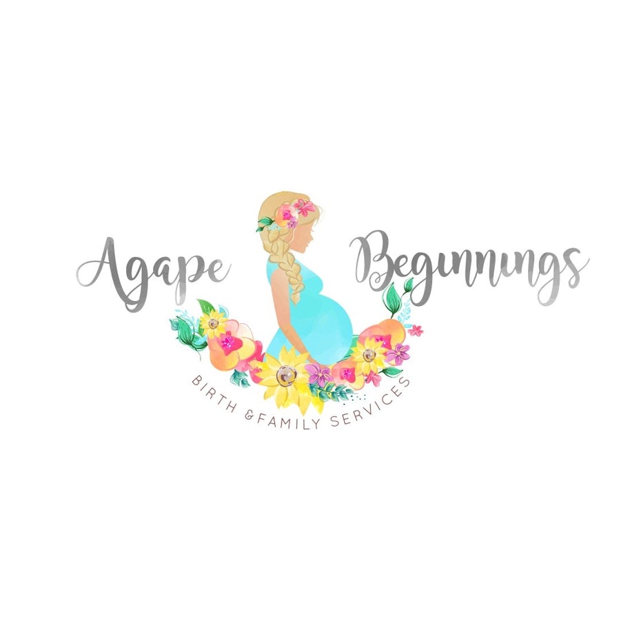 multicolored side profile of a pregnant woman with the text “Agape Beginnings”