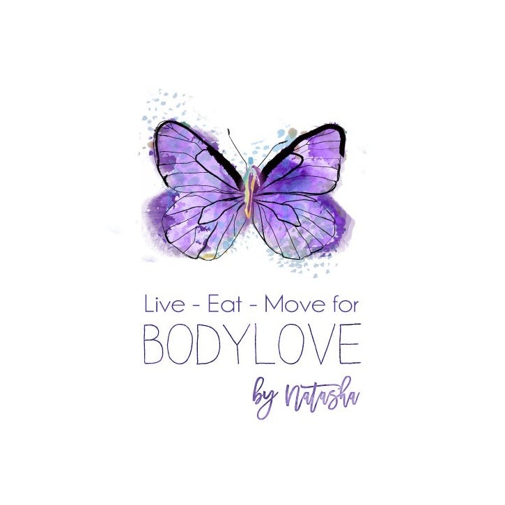 purple butterfly with the text “live-eat-move for body love”