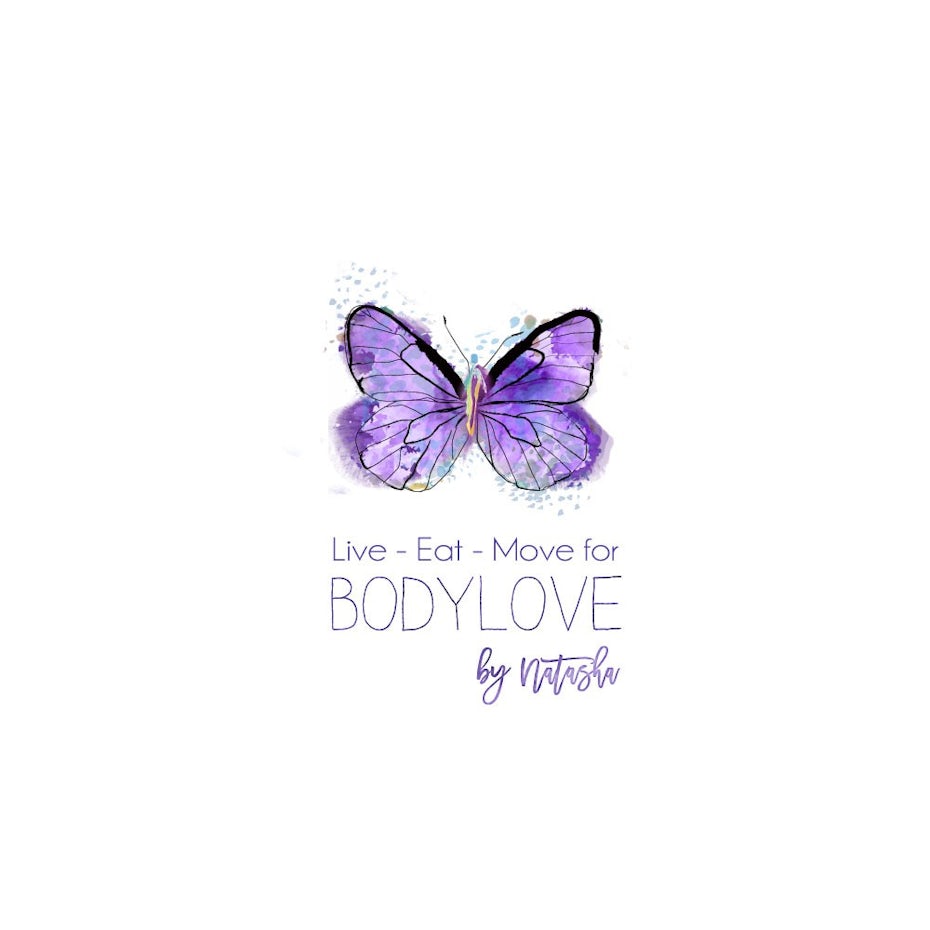 purple butterfly with the text “live-eat-move for body love”