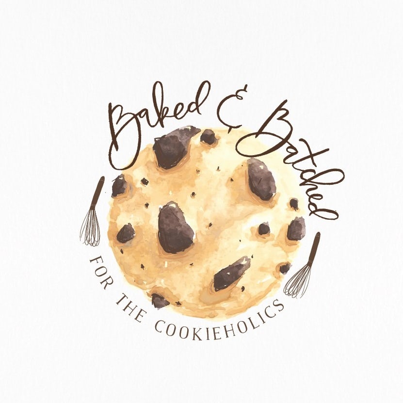 chocolate chip cookie image with the text “baked and batched”