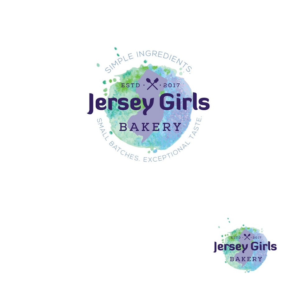 green, blue and purple gradient background behind a purple New Jersey state outline and the text “Jersey Girls Bakery”