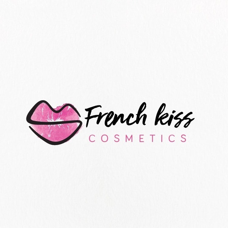 Pink lips outlined in black with the text “French Kiss cosmetics”