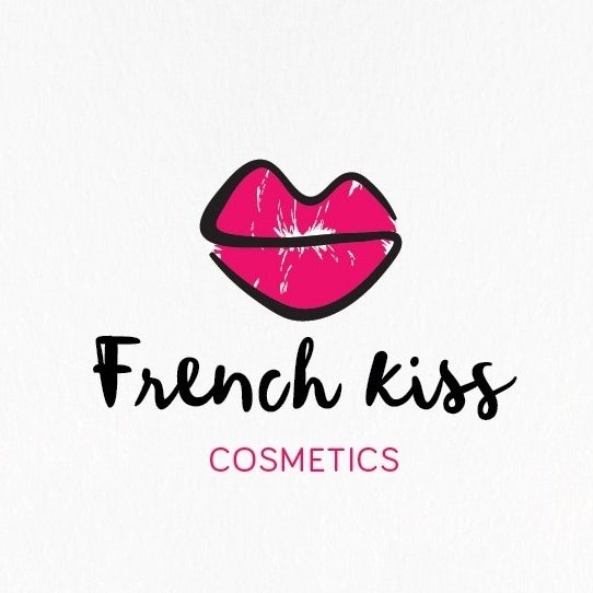 Pink lips outlined in black with the text “French Kiss cosmetics”