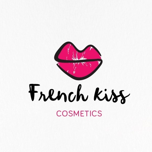 Pink lips outlined in black with the text “French Kiss cosmetics”