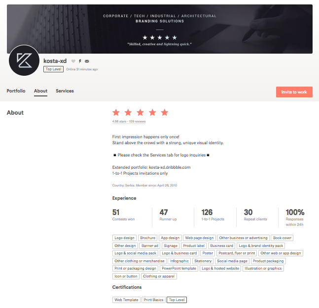 99designs designer bio for kosta-xd