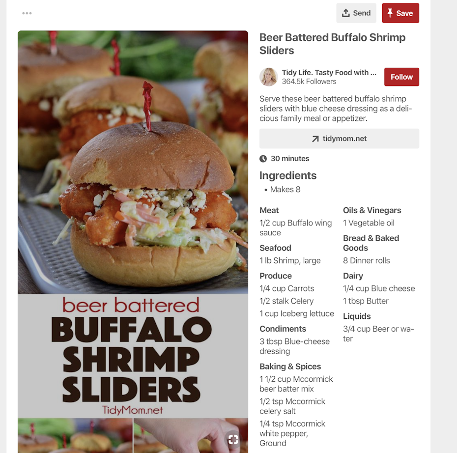 A Recipe Pin from Tidy Mom’s Pinterest showing a recipe for Buffalo Shrimp Sliders