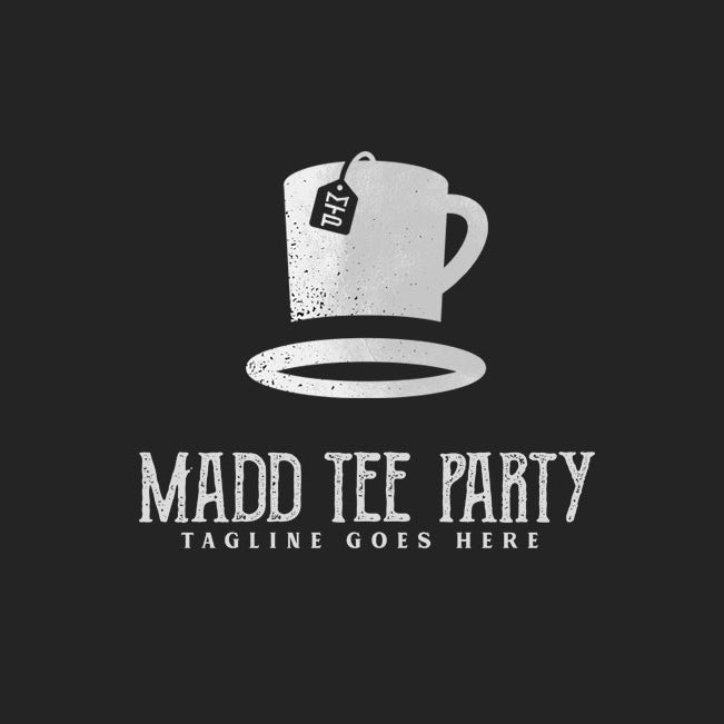 A black and white alice in wonderland themed logo