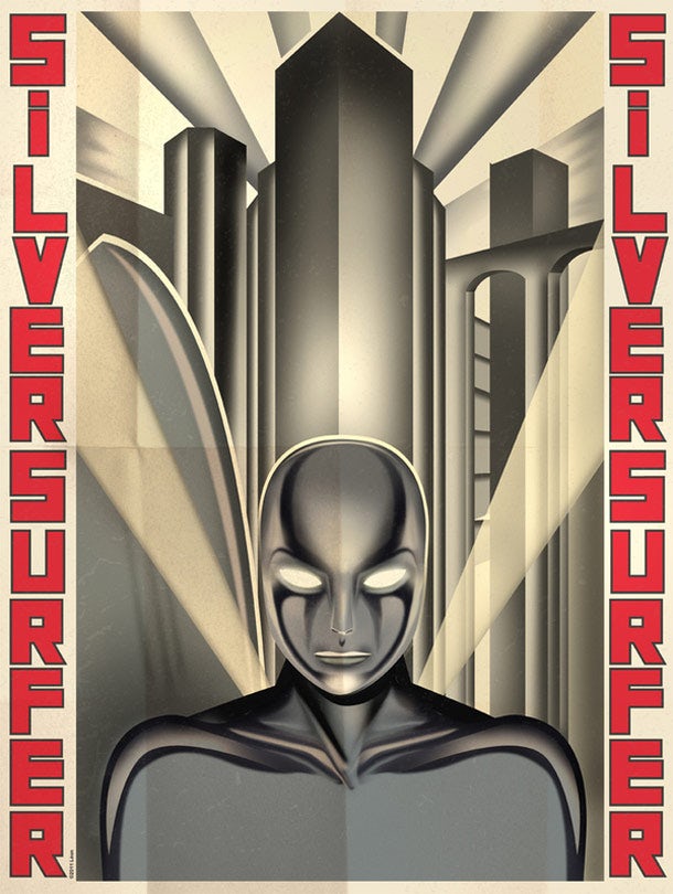 Metal figure in the foreground with rectangular, blank buildings in the background