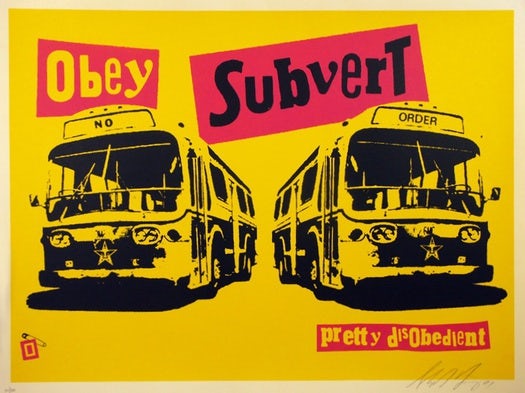 Yellow poster with two buses and the text “obey” and “subvert”