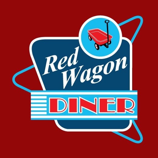 Blue square on a red background with an image of a wagon and the text “Red Wagon Diner”