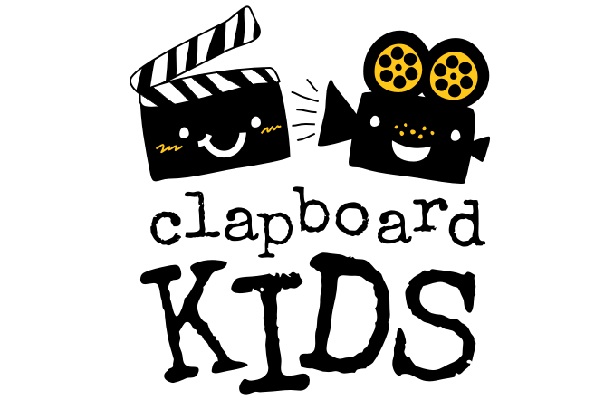 A smiling clapboard and film projector with the text “clapboard kids”