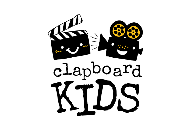 A smiling clapboard and film projector with the text “clapboard kids”