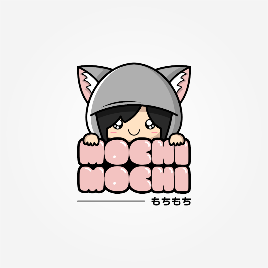 Close-up of a girl in a gray hoodie with ears and the text “mochi mochi”